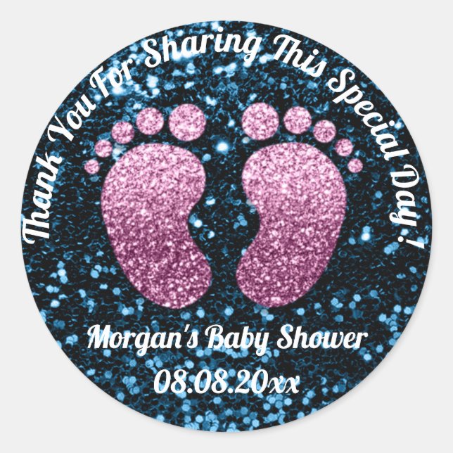 Blue Glitter Feet Baby Shower Favor Thank You Classic Round Sticker (Front)