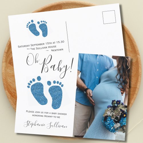 Blue Glitter Feet Baby Shower Invitation Postcard