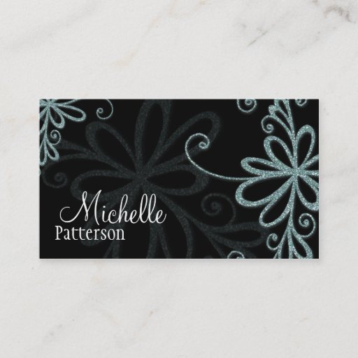 Customizable Blue Glitter Floral Design Business Cards