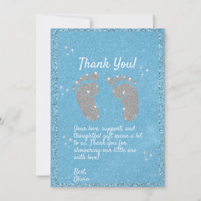 Blue Glitter Footprint Baby Boy Thank You Card (Front)