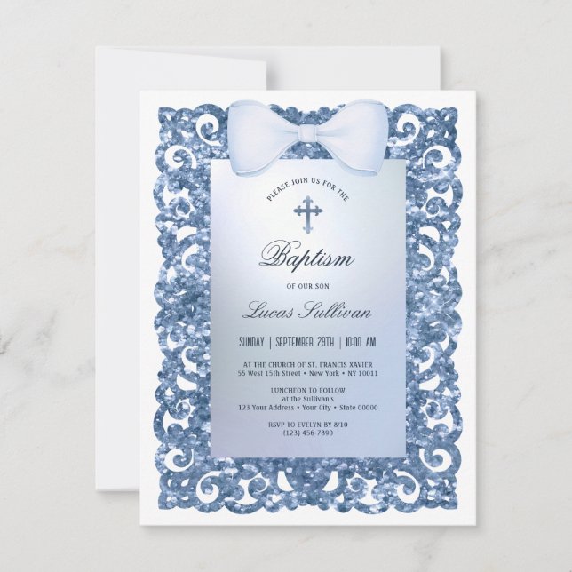 Blue Glitter Frame Bow Baptism Invitation (Front)