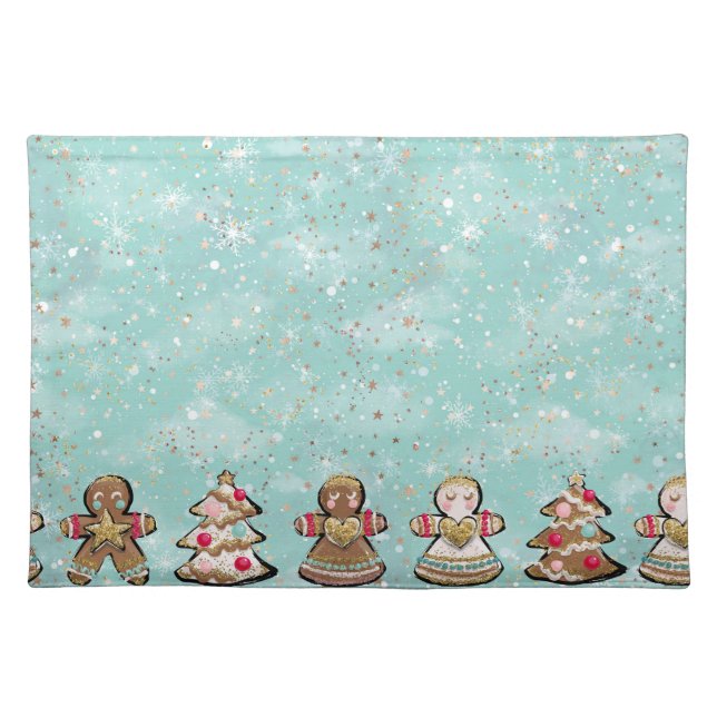 Blue Glitter Gingerbread Angel Christmas Cookie Cloth Placemat (Front)