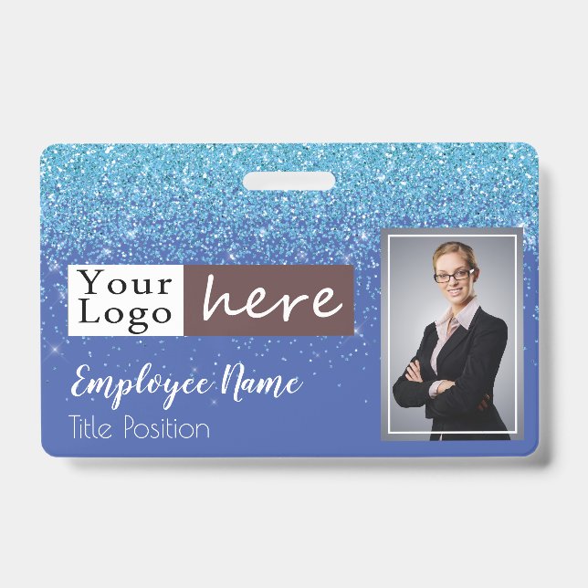 Blue Glitter Girly One Photo Employee Name Badge (Front)