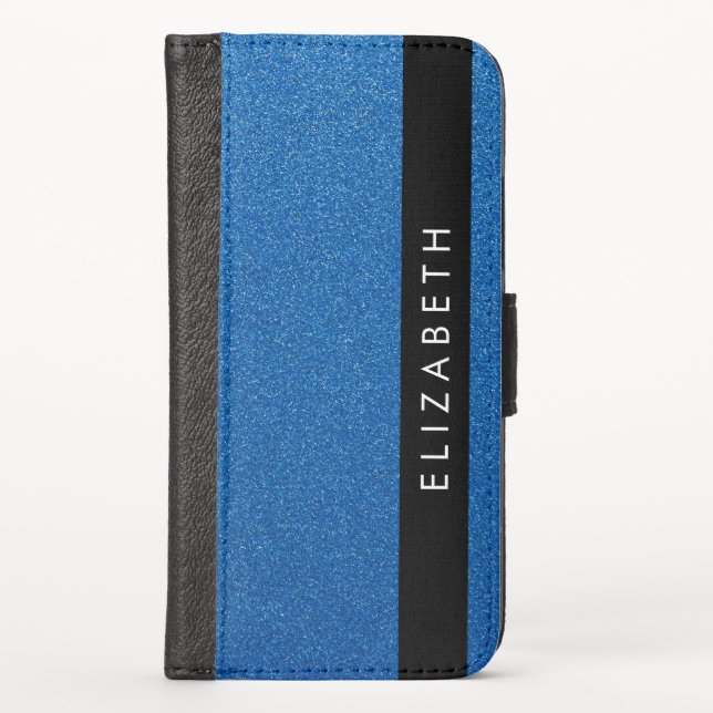 Blue Glitter, Glitter Background, Your Name iPhone Wallet Case (Front)