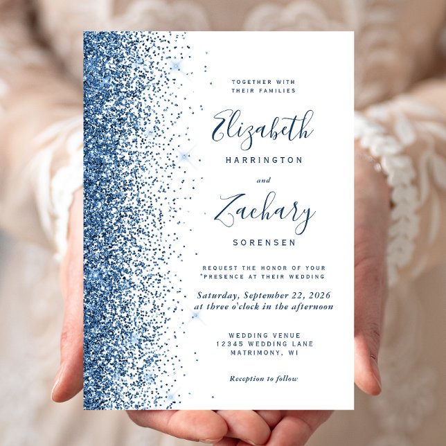 Blue Glitter Glitter Edge White Wedding Invitation (Creator Uploaded)