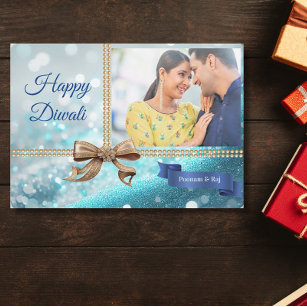 Blue Glitter Gold Bow Diwali Photo Greeting Holiday Card