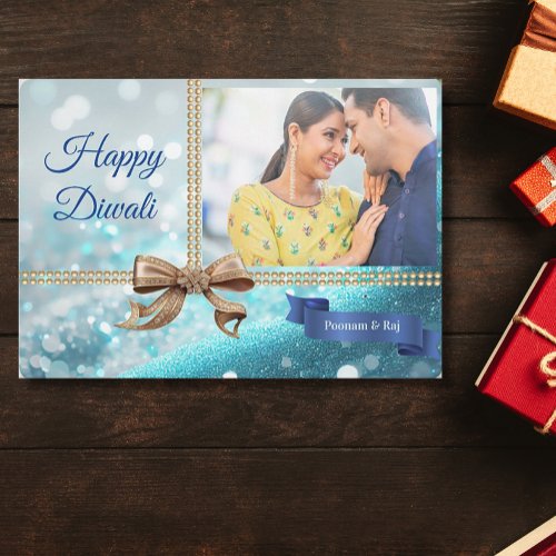 Blue Glitter Gold Bow Diwali Photo Greeting Holiday Card