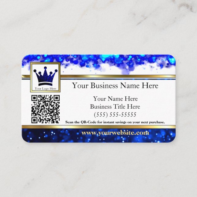 Blue Glitter Gold Striped Business Cards (Front)