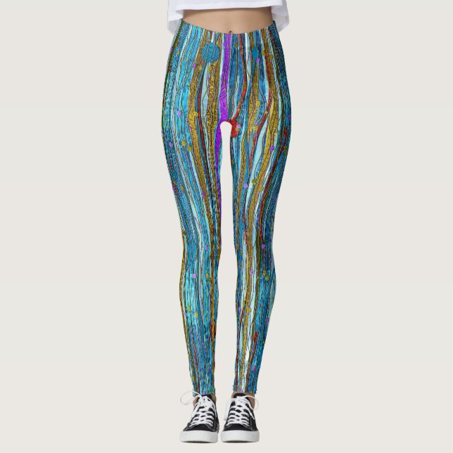 Blue Glitter & Golden Striped Pattern Leggings (Front)