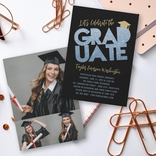 Blue Glitter Graduate Cutout Graduation Party Invitation