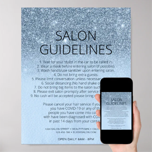 Blue Glitter Hair Salon Covid Health Safety Poster Zazzle