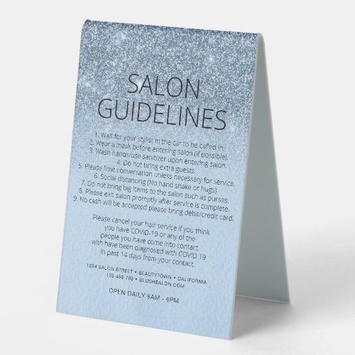 Blue Glitter Hair Salon Covid Health Safety Table Tent Sign