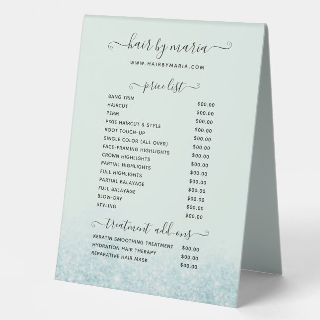 Blue Glitter Hair Stylist Salon Price List Table T Table Tent (Front)