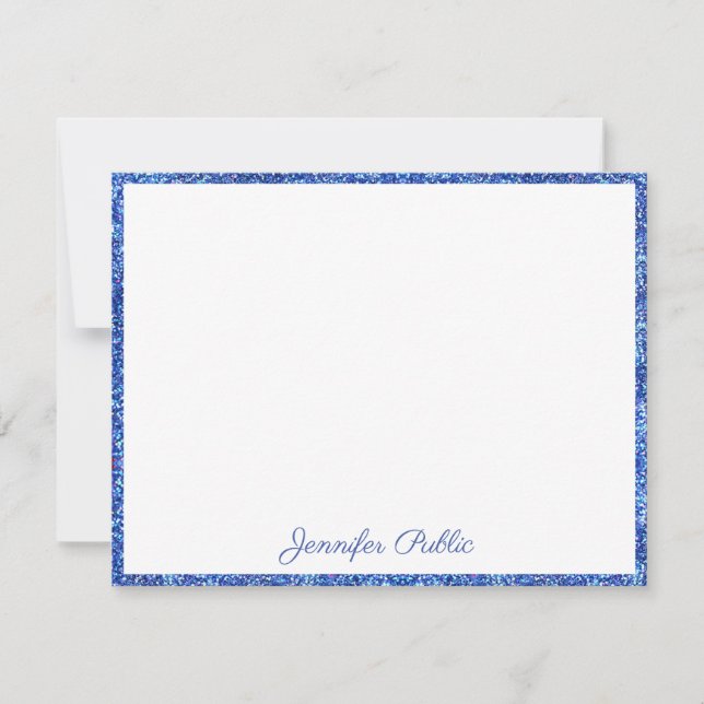Blue Glitter Handwritten Script Elegant Custom Note Card (Front)