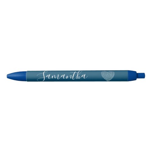 Blue Glitter Heart Personalized Name Black Ink Pen