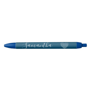 Blue Glitter Heart Personalized Name Pen