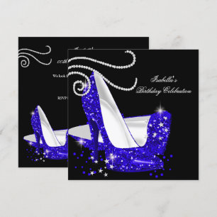 Blue Glitter High Heels Black Birthday Party Invitation
