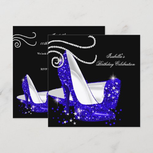 Blue Glitter High Heels Black Birthday Party Invites