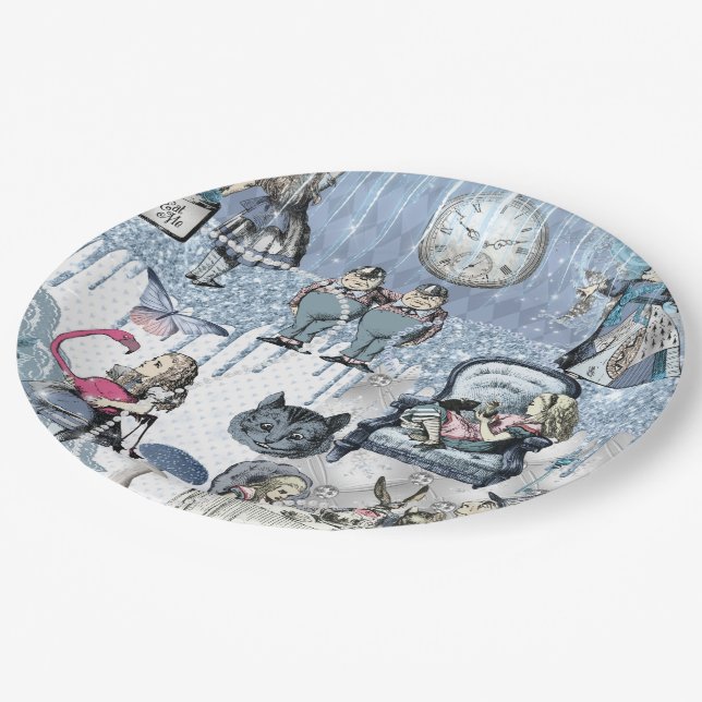 Blue Glitter Ice Alice in Wonderland Paper Plates (Angled)