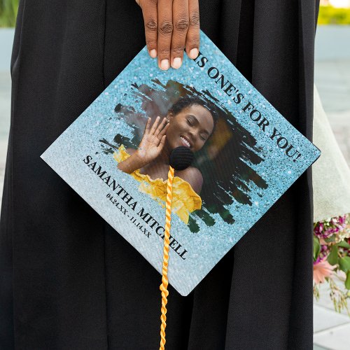 Blue Glitter In Honor of Photo Tribute Graduation Graduation Cap Topper