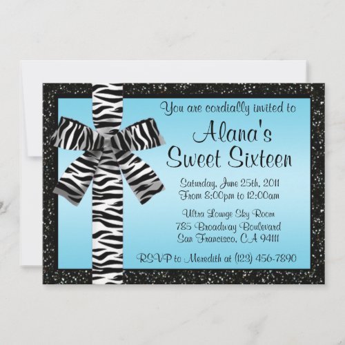 Blue Glitter Invite With Zebra Print Bow