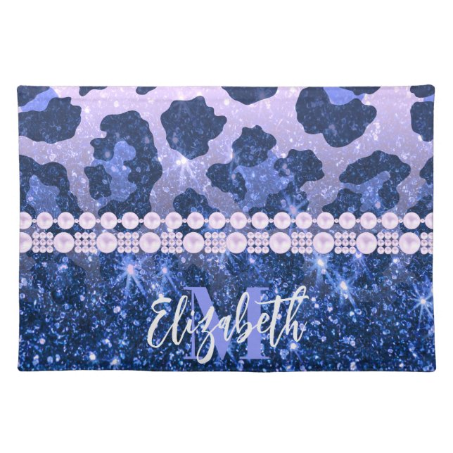 Blue Glitter Leopard Print Cloth Placemat (Front)