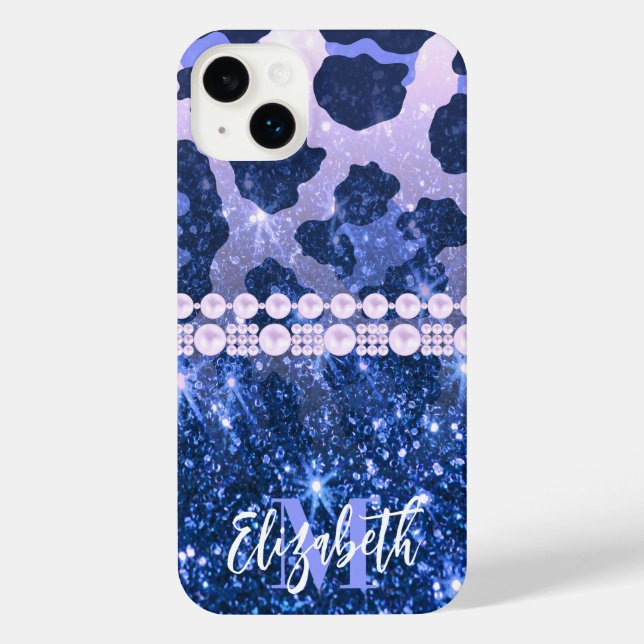 Blue Glitter Leopard Print iPhone Case (Back)