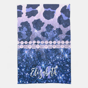 Blue Glitter Leopard Print Kitchen Towel