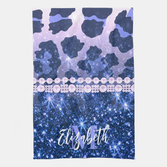 Blue Glitter Leopard Print Kitchen Towel (Vertical)