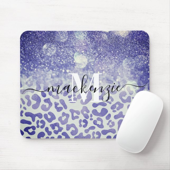 Blue Glitter Leopard Print Mouse Pad (With Mouse)