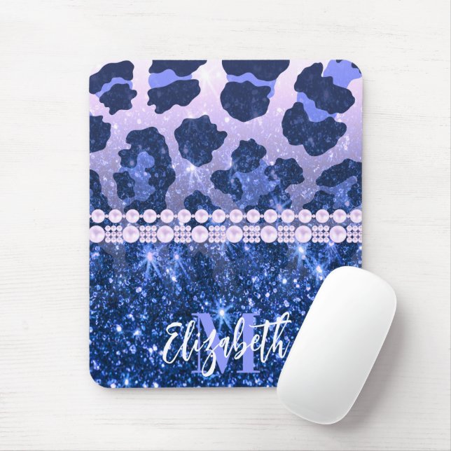 Blue Glitter Leopard Print Mouse Pad (With Mouse)