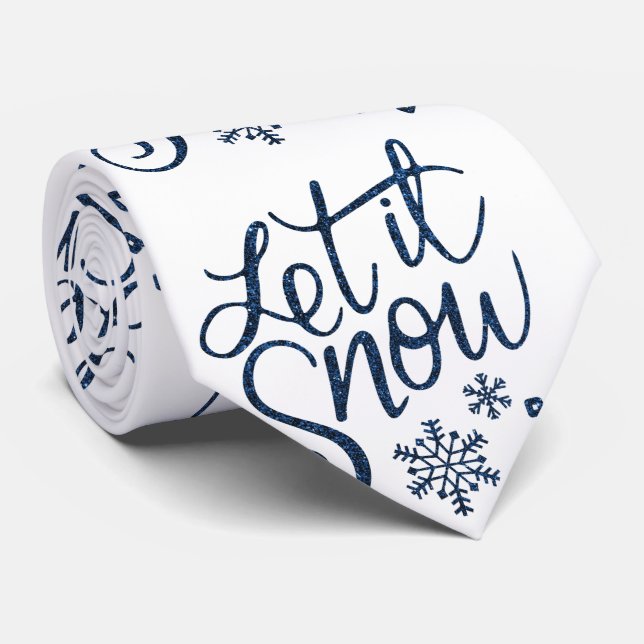 Blue Glitter Let It Snow Calligraphy Neck Tie (Rolled)