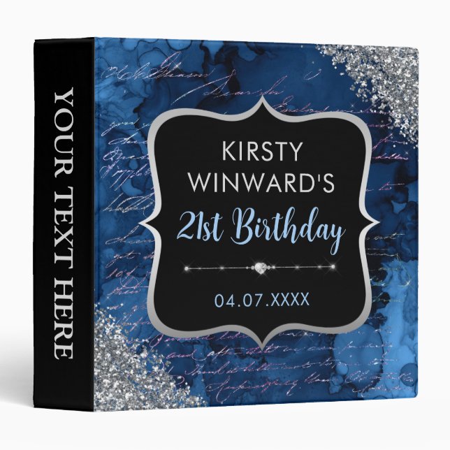Blue Glitter Letters Birthday Party Photo Album 3 Ring Binder (Front/Spine)