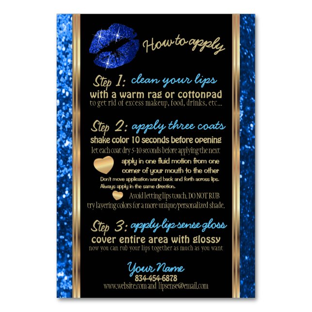 Blue Glitter Lip Application and Instructions Table Number (Front)