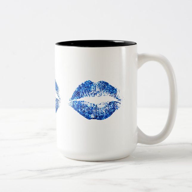 Blue Glitter Lips #2 Two-Tone Coffee Mug (Right)