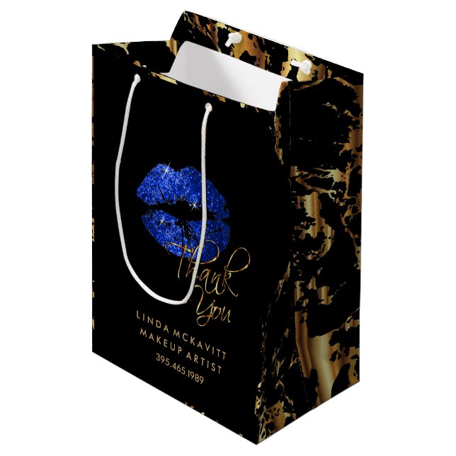Blue Glitter Lips and Gold Marble - Thank You Medium Gift Bag (Front Angled)
