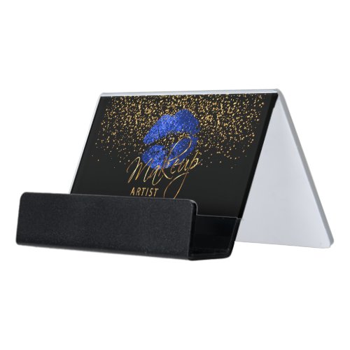 Blue Glitter Lips on Black with Gold Confetti Desk Business Card Holder