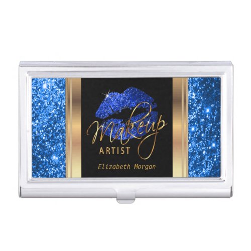 Blue Glitter Lips on Gold  Black Business Card Holder