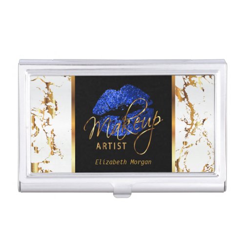 Blue Glitter Lips on Gold  White Marble Case For Business Cards