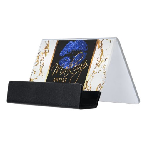 Blue Glitter Lips on Gold  White Marble Desk Business Card Holder