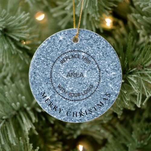 Blue Glitter Logo Company Name Merry Christmas Ceramic Ornament