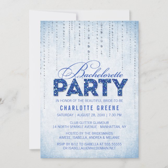 Blue Glitter Look Bachelorette Party Invitation (Front)