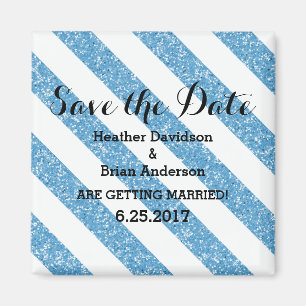 Blue Glitter Look Stripes Save the Date Magnet