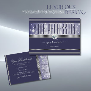 Blue Glitter Luminous Stars Diamonds Silver Border Business Card