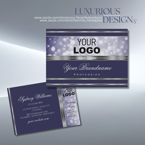 Blue Glitter Luminous Stars Logo Silver Border Business Card