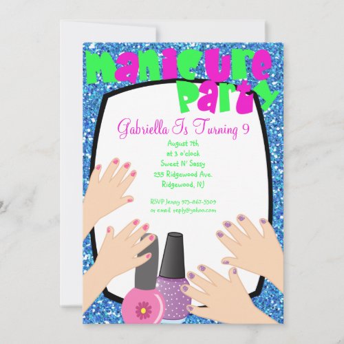 Blue Glitter Manicure Spa Birthday Party Personalized Invites