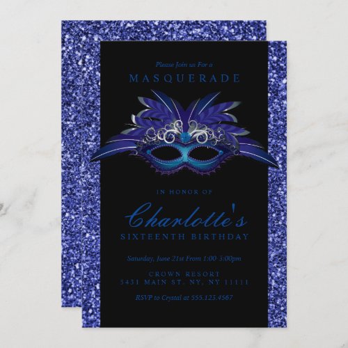 Blue Glitter Masquerade Party Invitations