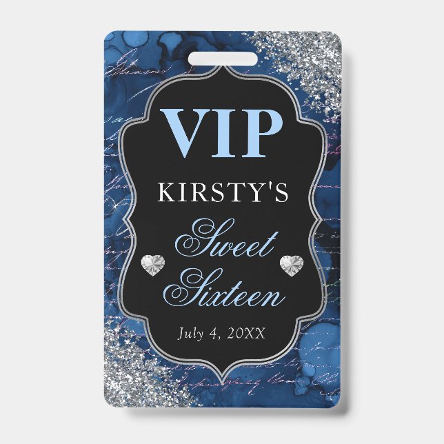 Blue Glitter Mermaid Letters Sweet Sixteen VIP Badge (Front)