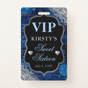 Blue Glitter Mermaid Letters Sweet Sixteen VIP Badge