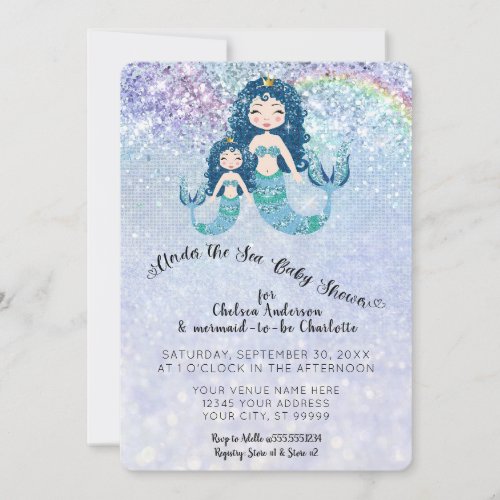 Blue Glitter Mermaids Under the Sea Baby Girl Invitation